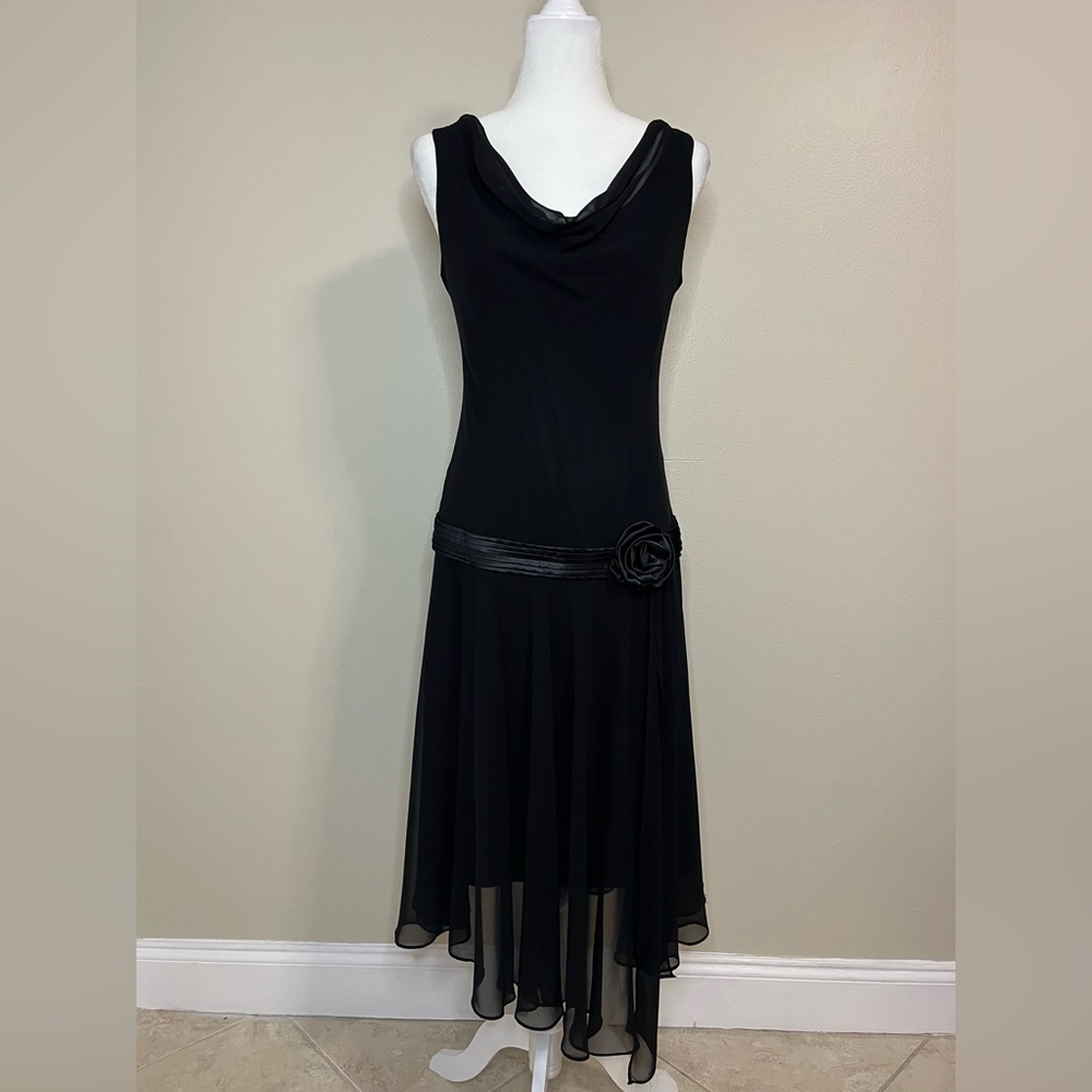Scarlett Black Midi Dress with Floral Waist Detail